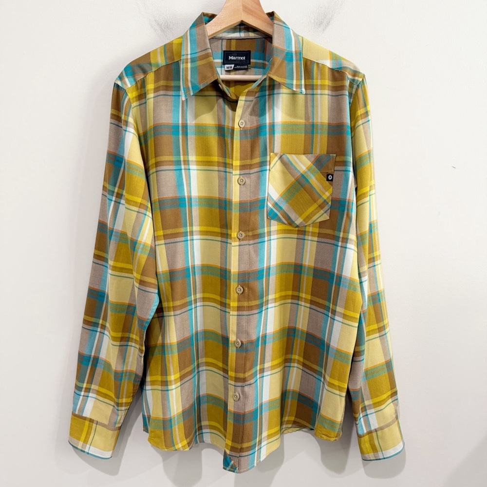 MARMOT Men's Yellow Plaid Button-Down Shirt Teal Accents Size Medium Outdoor